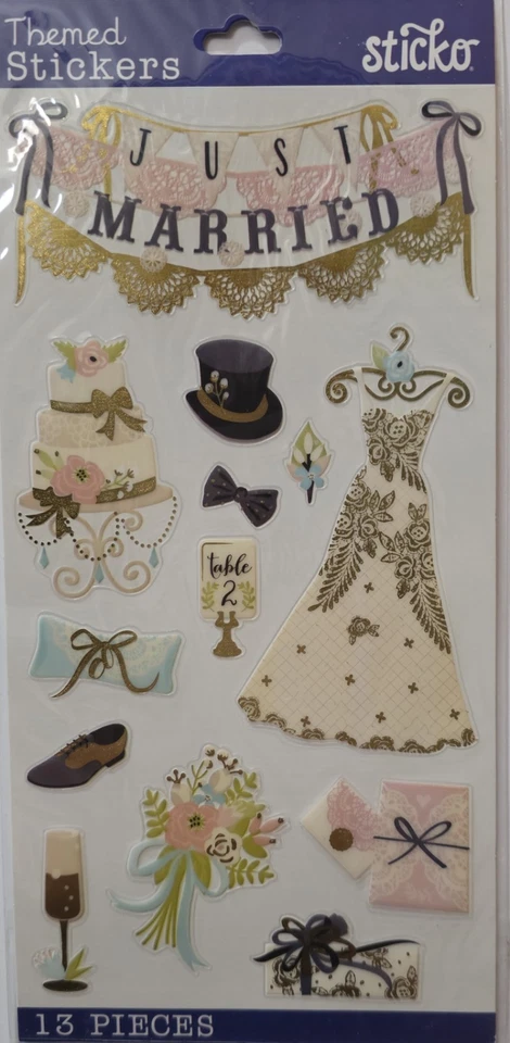 13pc Wedding Icon Stickers EKSuccess Sticko Themed Just Married Gown Cake Gifts - Image 1 of 1