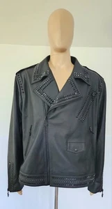 The VIRTU Bespoke Made Black Studded Luxury Lamb Skin Leather Jacket Mens 4X-L - Picture 1 of 10
