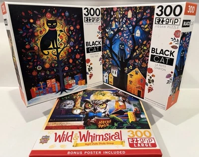 LOTE de 3 obras maestras 300 piezas rompecabezas de agarre EZ GATO NEGRO árbol de Navidad / búhos nocturnos Foto 1 de 4
