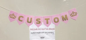 PINK & GOLD PRINCESS CROWN, CUSTOM PERSONALISED WORDING PARTY BUNTING BANNER - Picture 1 of 19