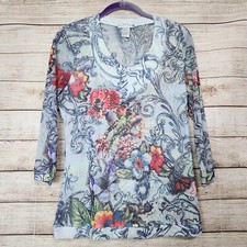 ALBERTO MAKALI Sheer Beaded Birds In Love Shirt Top Women's Size Large
