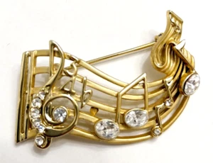 Broche prendedor vintage musical de diamantes de imitación con palo de clave aguda tono dorado de 2" de largo - Imagen 1 de 4