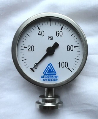 Anderson EK07101100211 Pressure Gauge, 0-100PSI, 3/4" Triclamp,Unfilled Case,NOS - Image 1 of 2