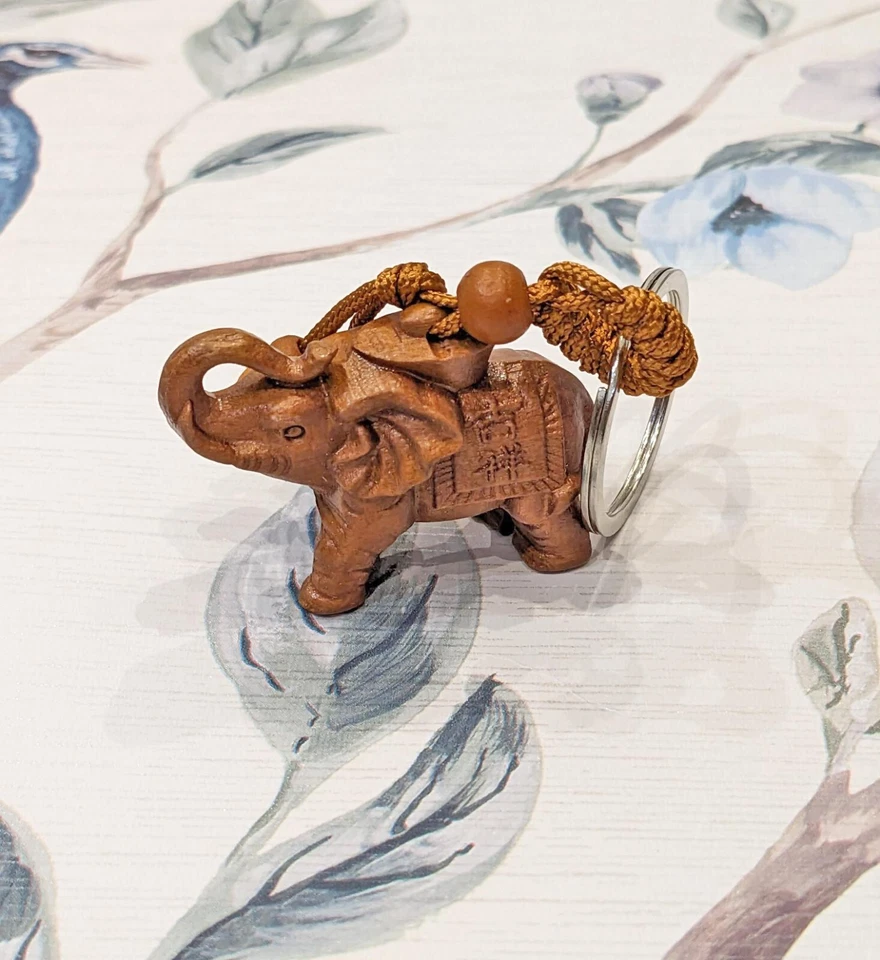 Hand Carved Lucky Elephant Mahogany Wood Feng Shui Keyring Keychain - Image 1 of 1