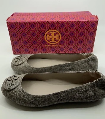 Nuevo Zapato de Ballet Tory Burch Minnie Razza Stone Cuero Suela de Goma Talla 10 AUTÉNTICO Foto 1 de 4