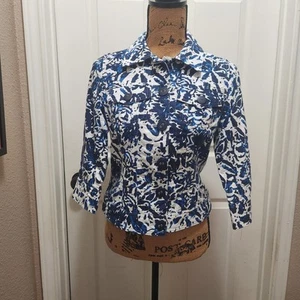 Womens Size 6 Coldwater Creek Short Jacket/Blouse Blue White Geometric Vintage - Picture 1 of 19