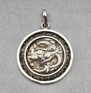 Antique Chinese Sterling Silver Double-Sided Pendant/Medal Lucky Dragon 6.5g - Picture 1 of 8