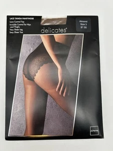 Vtg Lace Tanga ALMOND Pantyhose Sheer Leg & Toe Lace Control Top Sz 3 USA - Picture 1 of 4