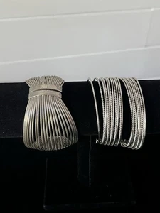 Vintage Estate Silver Tone Wide Hinged Bangle & Wide Cuff Bracelet Lot of 2 - Picture 1 of 23