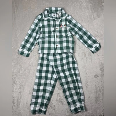 Disney Embroidered Christmas Mickey Donald Duck Green White Plaid Pajamas Size 4 - Image 1 of 4