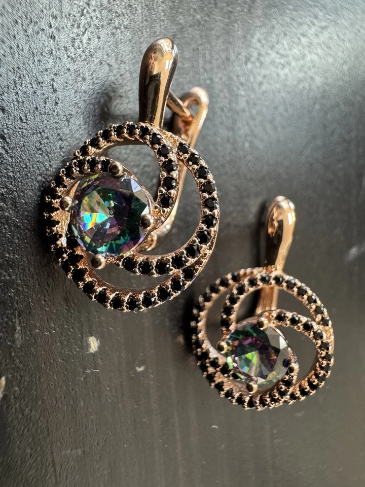 585 14K RG Stamped Whirlwind Black Gemstone Rainbow Stud Earrings - Image 1 of 4