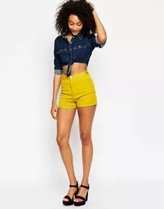 ASOS Ultimate 70's Hot pants NWT US 6 Mustard Chartreuse High Waisted - Picture 1 of 8