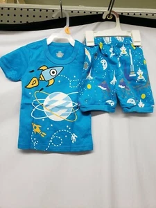 Toddler Boy's Blue Spaceship Shorts Sleeping Pajamas Set 12 Months - Picture 1 of 2