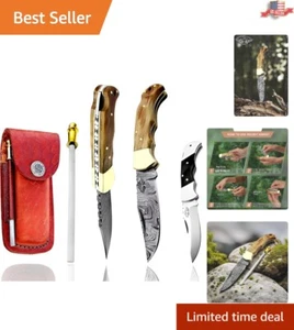 Handcrafted Olive Wood Folding Knife with Damascus Blade - Compact Survival Tool - Picture 1 of 11