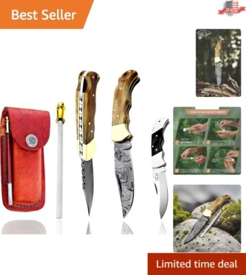 Handcrafted Olive Wood Folding Knife with Damascus Blade - Compact Survival Tool - Image 1 of 4