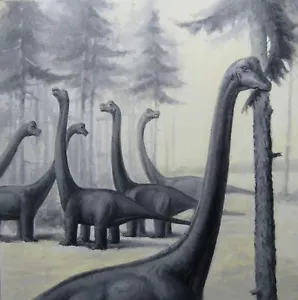 Vintage original illustration art painting dinosaurs/trees 1985 17.5x18" - Picture 1 of 14