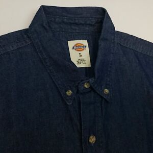 Dickies Denim Shirt LARGE Regular Fit Blue Mens Long Sleeve Plain Cotton 100%