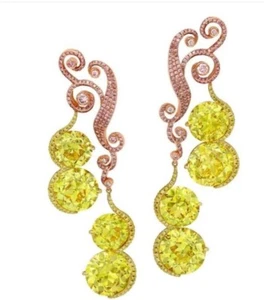 Yellow CZ Dangle Earrings For Women Yellow Gold Plated Evening Jewelry 925 SS - Picture 1 of 5