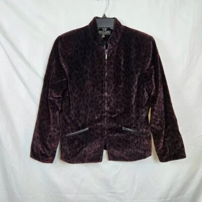 Kasper ASL Burgundy Velour Leopard Print Faux Leather Trim Career Jacket 10P - Image 1 of 4