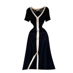 Lady Elegant Knitted Midi Dress Short Sleeve Stretch V-neck Split Summer Dress - Picture 1 of 12