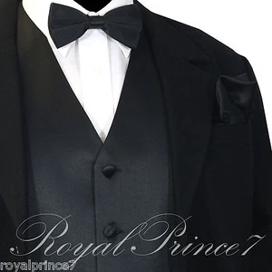 BLACK Solid Tuxedo Suit Vest Waistcoat and Bow tie Hankie Set Prom Wedding XS-6X - Picture 1 of 4