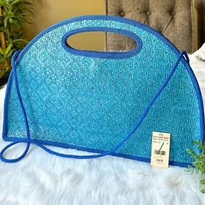 Vintage Vanessa Wicker Woven Purse Blue Half Circle Moon Beach Bag Tote Clutch - Picture 1 of 8