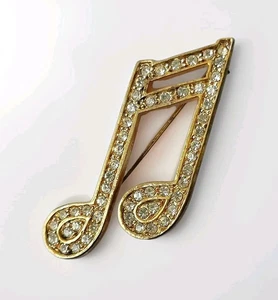 Vintage Musik Brosche Noten Musiker vergoldet Diamant Achtelfächer 80er ausgefallen Anstecknadel - Bild 1 von 13