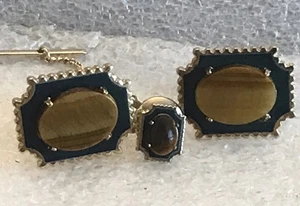 VINTAGE ELEGANTE OCCHIO DI TIGRE E CLISTERE VERDE GEMELLI E CRAVATTA TAC NON MARCATI LOTTO 865 - Foto 1 di 6