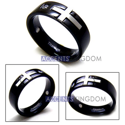 Accents Kingdom 8mm Men's Black Titanium Magnetic Silver Cross CZ Ring Size 8-12 - Image 1 of 3