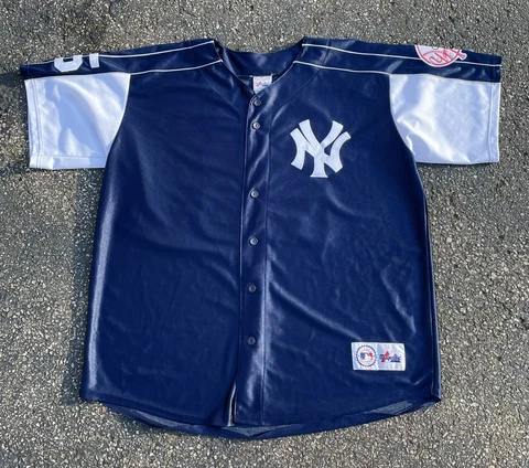 Vintage Majestic Jason Giambi Two-Tone Navy Blue & White Stitched Jersey Yankees Cover