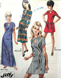 1970s BOHO Dress Pattern MAXI MIDI MINI Dress Keyhole Neck Simplicity 8722 Sz12