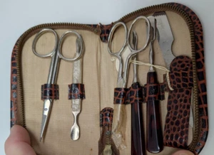 Vintage Special Triple Cut Manicure Set Brown Genuine Leather Case Germany - Picture 1 of 8