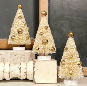 Vintage Style Bottle Brush Trees Set 3 Cream Gold Christmas Holiday Decor New - Picture 1 of 1