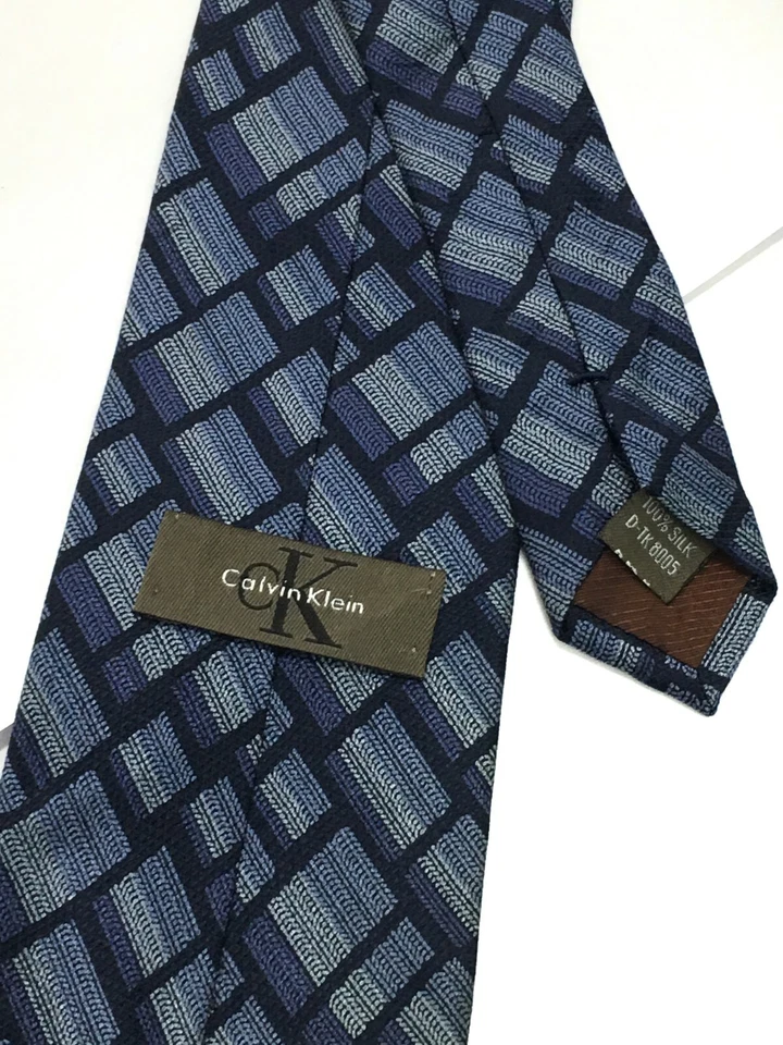 Auténtica corbata CK Calvin Klein diseño abstracto de bloque en azul 100 % seda Foto 1 de 4