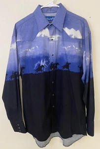 Vintage Wrangler Men’s Dress Shirt Pearl Snap Horse Graphic Long Sleeve Large - Picture 1 of 12
