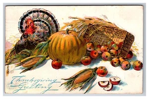 Thanksgiving Greeting Turkey Pumpkin Harvest Basket Embossed DB Postcard XC9 - Picture 1 of 2