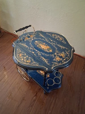 Carro de bar y té de marquetería italiana azul vintage metal y madera para servir hoja caída Foto 1 de 4
