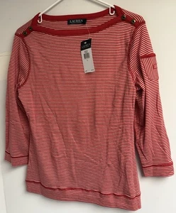 BRAND NEW LAUREN RALPH LAUREN STRIPED 3/4 SLEEVE SHIRT RED WOMENS SIZE L $55 - Picture 1 of 5