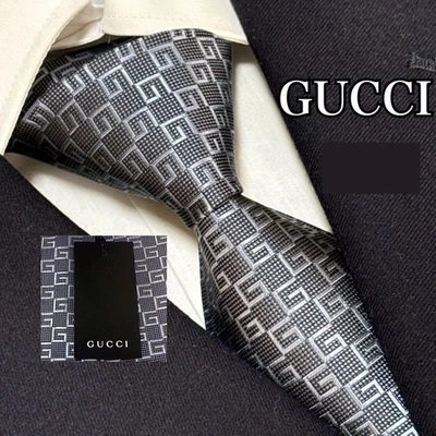 全新 未使用 古驰 领带 宽灰色 银色 G 图案 100% 丝绸 意大利制造 — 第 1/4 张图片