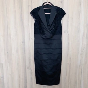 Tadashi Damen Kleid Größe 10 Schwarz Pailletten Spitze Satin Midi Formell Cocktail Chic - Bild 1 von 7