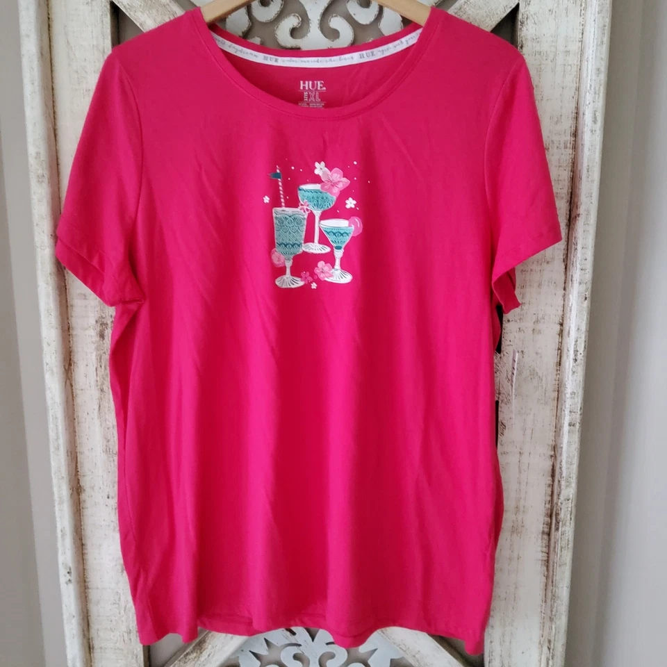 Prendas para dormir Hue para mujer X-grande manga corta ropa de salón pijama top rosa gráfico Foto 1 de 4