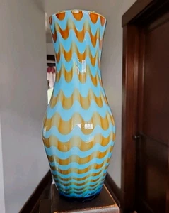 Murano Empoli Italy Cased Art Glass Drapery Swirl Vase Abstract Opaline Blue MCM - Picture 1 of 16