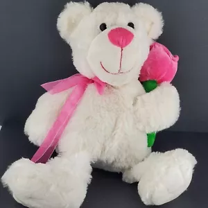 Valentine White Bear with Rose For Plush Stuffed Animal Pink Nose 18" Dan Dee - Picture 1 of 8