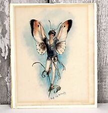 Antique Victorian Watercolour Painting Buff Tip Butterfly Fairy 19th Century