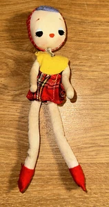 Muñeca abrazadora de rodilla vintage Japón ojos grandes fieltro pintado a mano traje a cuadros - Imagen 1 de 9