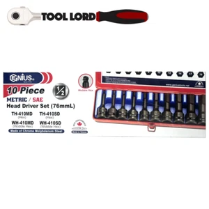 Genius Tools 10 Pce 1/2" Drv SAE Hex Impact Head Driver Sockets Set TH-410SD - Picture 1 of 3