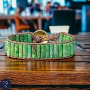 Green Grass Jasper Tube Leather Wrap Bracelet, Tibetan Bracelet, Adjustable - Picture 1 of 3