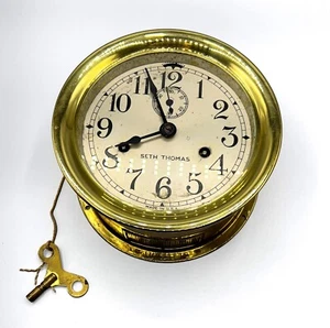 Antique Brass Ship's Maritime Clock + Key by Seth Thomas USA circa 1910 - Picture 1 of 12