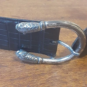 BERGE black italian leather belt. Croc embossed leather silvertone buckle animal - Picture 1 of 9