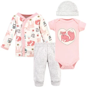 Hudson Baby Infant Girl Preemie Layette Set 4-Piece, Pink Fox, Preemie - Picture 1 of 2